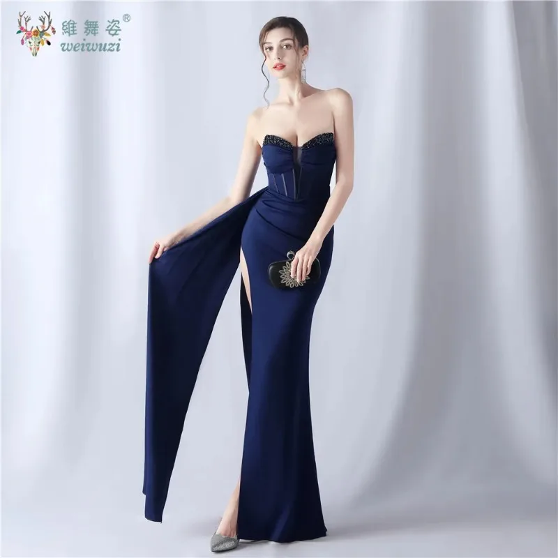 

Sexy Deep V Fixed Fishbone Waist Heavy Industry with Tails Side Slit Sleeveless Bodycon Bead High End Evening Dress Wedding