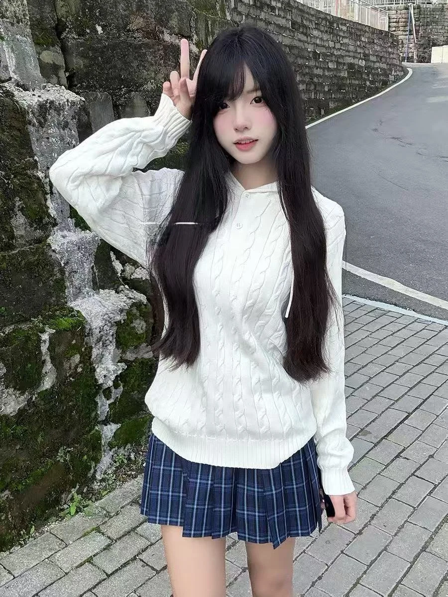 

Белый вязаный свитер с длинными рукавами и узором «косы», в университетском стиле, осенне-зимний, универсальный, модный комплект в стиле JK.