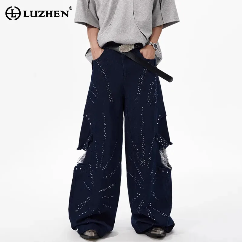 

LUZHEN Sequin Patchwork Design Broken Hole Wornout Straight Jeans Men's 2025 New High Street Fashion Loose Denim Pants JY1885