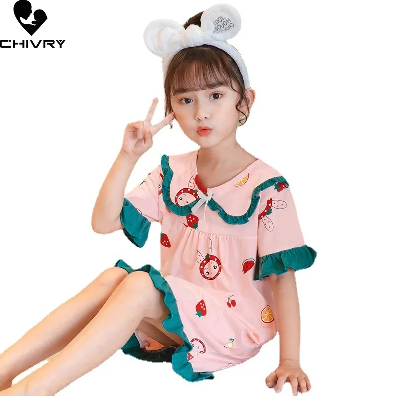 New 2022 Girls Fashion Nightgowns Summer Short Sleeve Lapel Cartoon Sleepwear Pajamas Kids Girls Loose Sleeping Dress Homewear