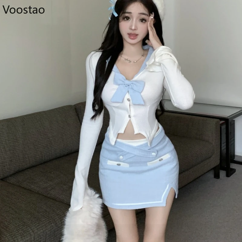 Japanese Blue Kawaii Lolita 2 Piece Set Women Y2k Sweet Slim Blouse Tops Mini Skirt Suit Female Korean Fashion Casual Chic Sets