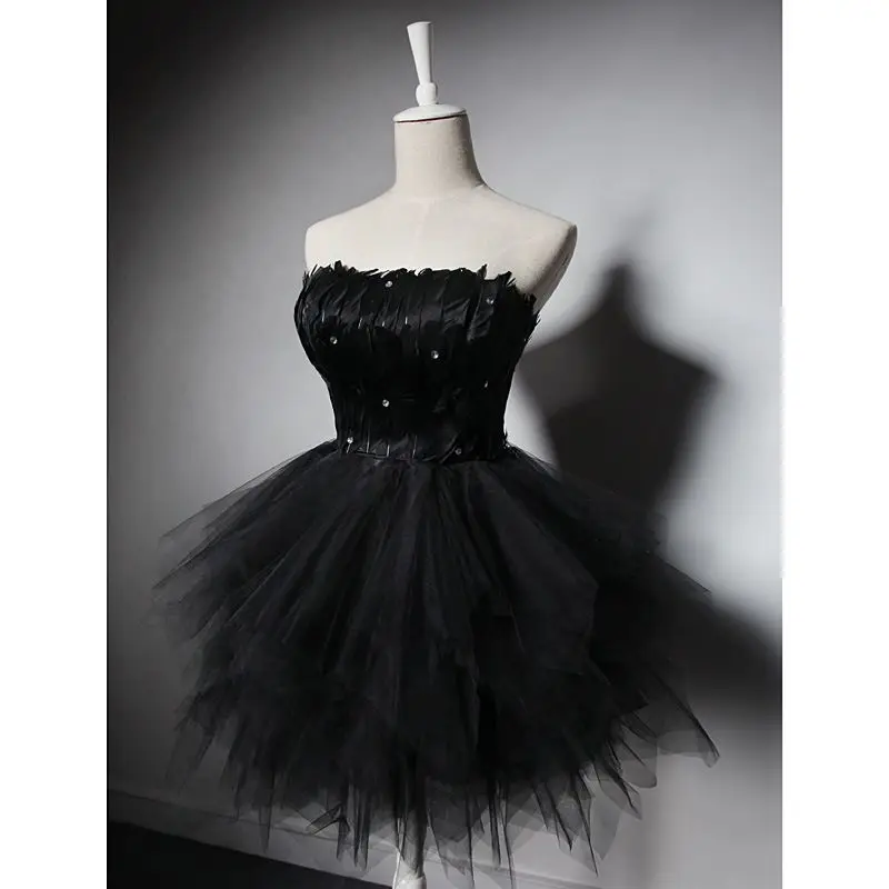 Girls Sexy Short Skirt Slim-fit Black Feather Annual Party Evening Dress Cos Swan Costume New Banquet Party Runway Host Dress