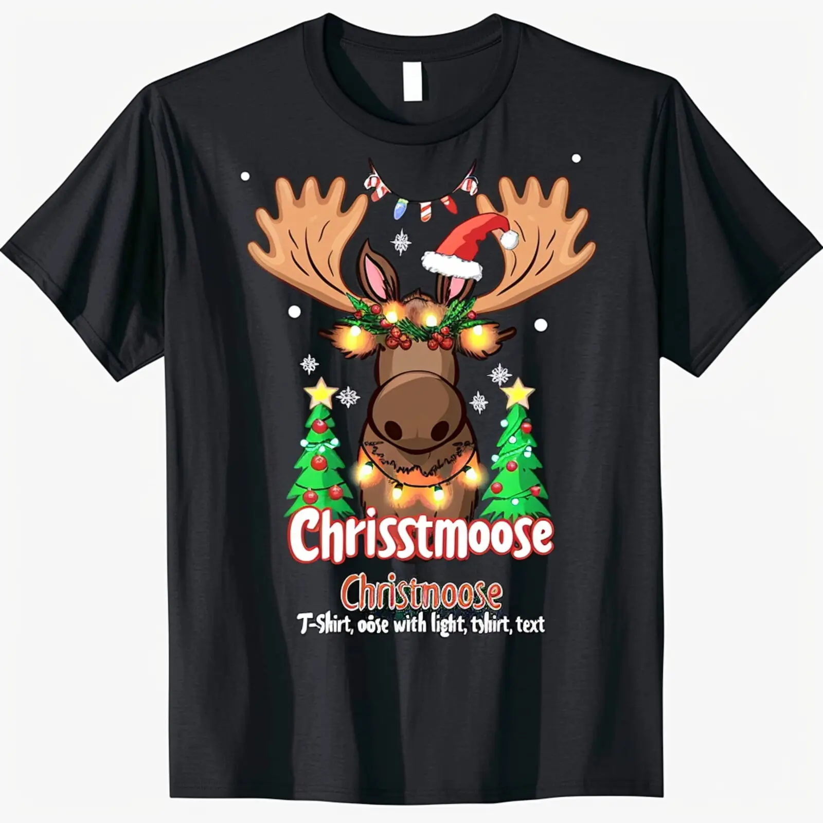 

Merry Christmoose T Shirt: Festive Christmas with Lights Design Black Tee