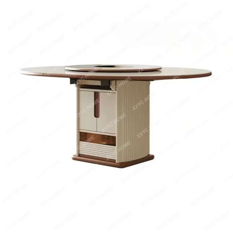 

Раздвижной трансформируемый круглый стол со встроенной индукционной плитой и интегрированным столешницей из каменной плиты (под старину) для приготовления горячих блюд