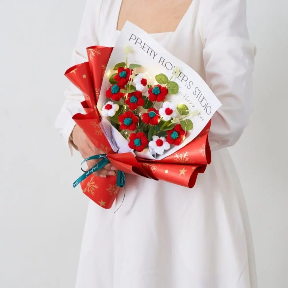 Handcrafted Crochet Flowers Bouquet with Gift Bag LED Lamp String Graduation Flower Bouquet Beautiful Handmade