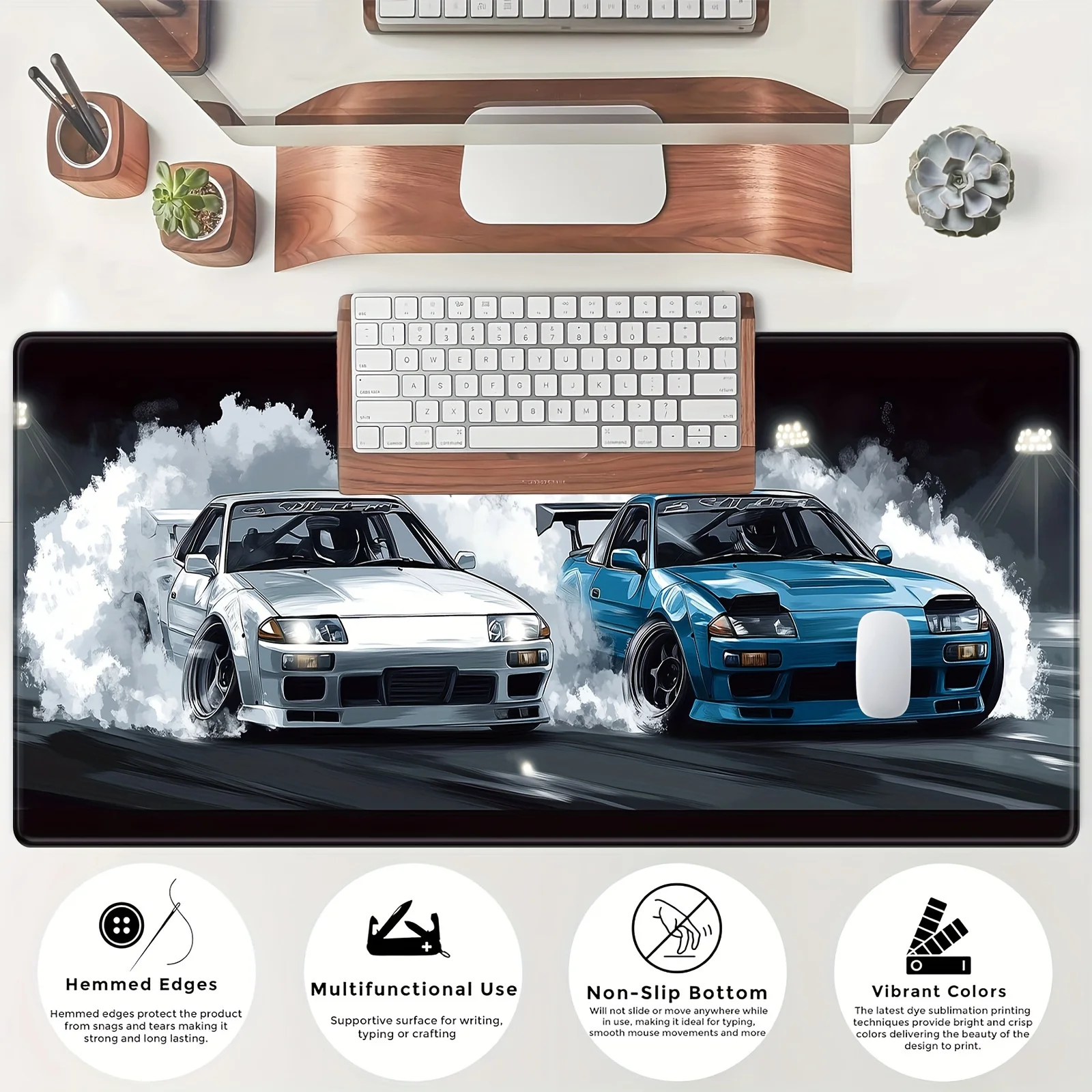 Extended Gaming Mouse Pad with Non-Slip Rubber Base Drift Car JDM R34 Desk Mat Rubber for Computer Keyboard Office Supplies Desk