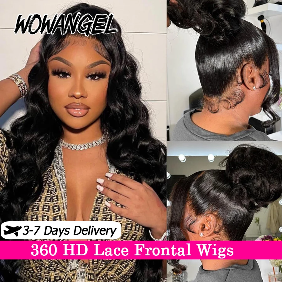 Invisible Drawstring 360 HD Lace Frontal Wigs Full Lace Wigs Human Hair Wigs 250% Glueless Body Wave High Ponytail Remy Hair