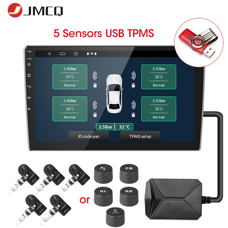 5 Sensors USB Android TPMS Car Tire Pressure Alarm Monitor System For vehicle Android Player Temperature Warning For Spare Wheel