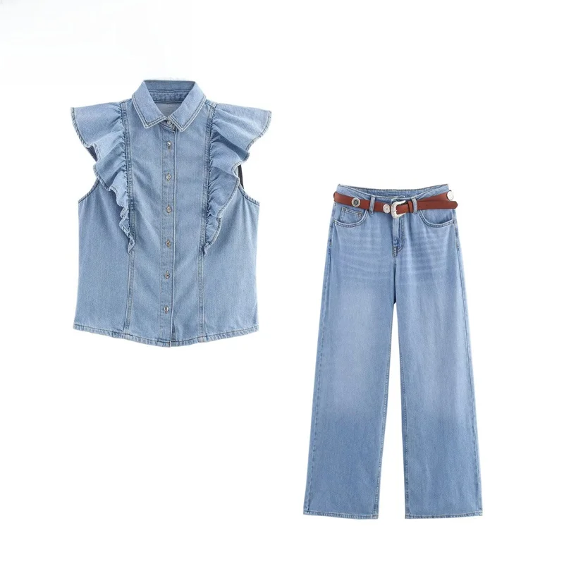 ZBZR ฤดูใบไม้ผลิใหม่ผู้หญิงแฟชั่น DENIM คอปกทรงสลิมเลเยอร์ Sle Princ Sle กางเกงขายาวปิดกระดุม