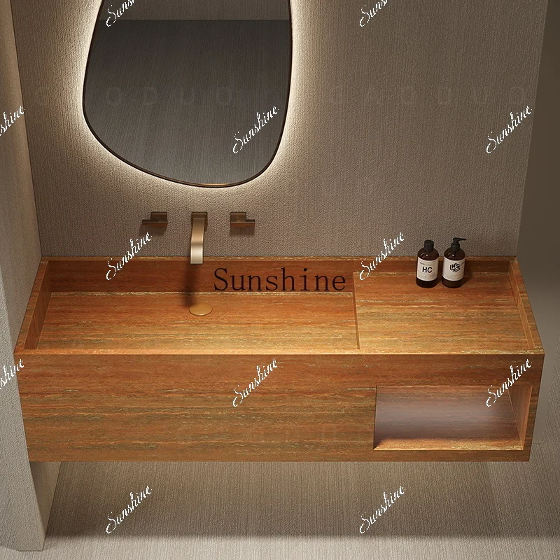 Red travertine wood grain rock slab integrated seamless basin wash face wash basin TF
