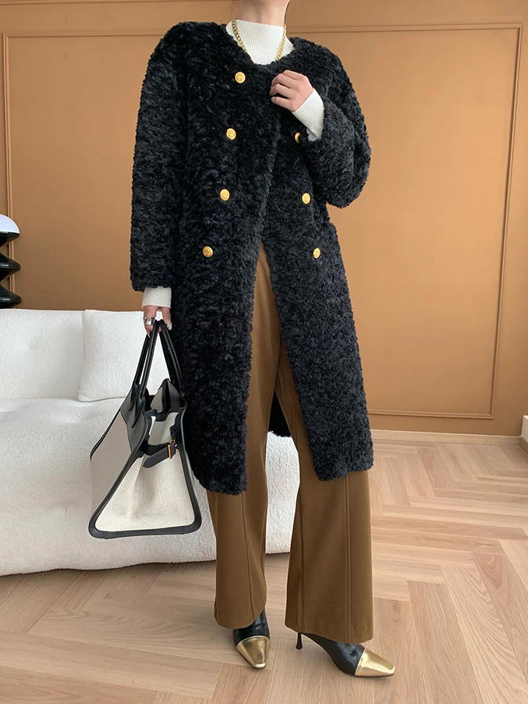 [EAM] Beige Lambswool Thick Warm Big Size Long Jacket New O-neck Long Sleeve Women Coat Fashion Tide Autumn Winter 2024 1DH7884