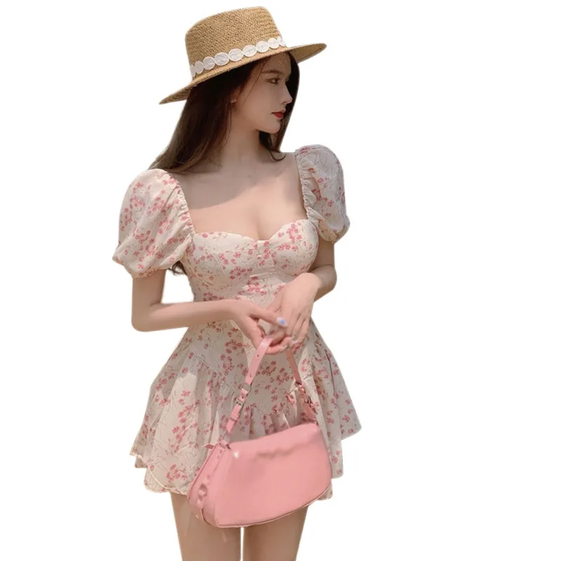 Floral Dress For Women Puff Sleeve Square Collar Short Sleeve Skirt Sexy Off Shoulder Dress Female Summer Cute Beach Dress