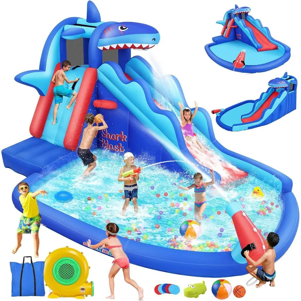 

Inflatable Water Slide, Shark Themed Blow Water Slide Park with Long Slide, Climbing Wall,Shower Head, Inflatable Water Slid
