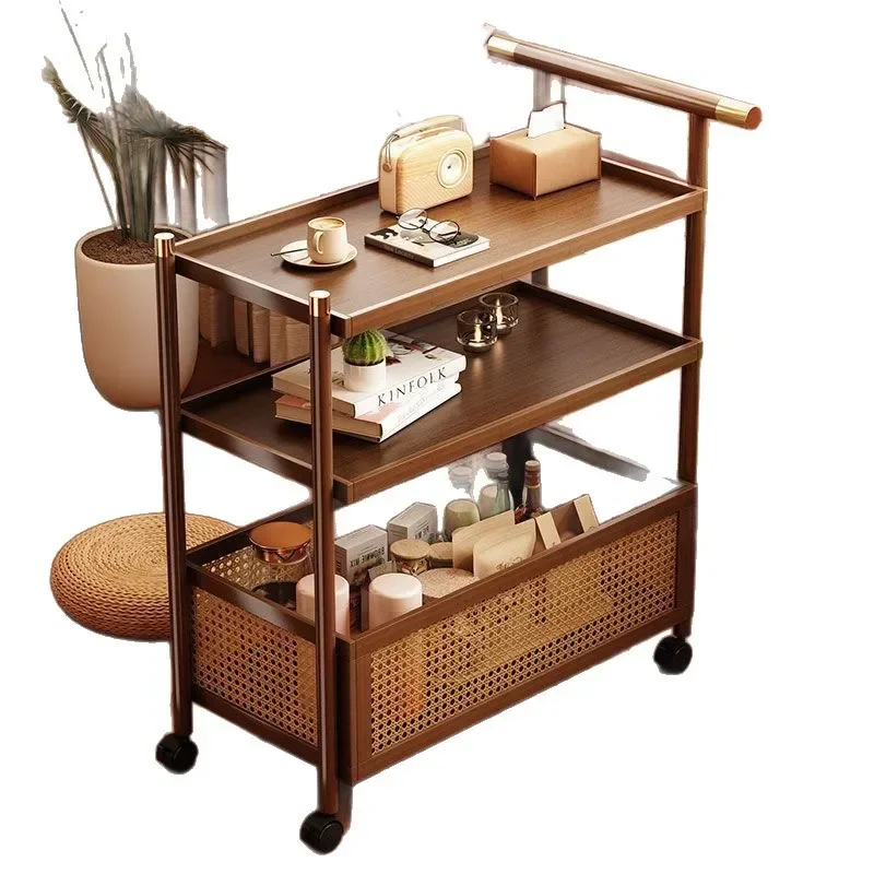 Mobile small coffee table sofa living room retro storage side cabinet rack rattan side cabinet medieval trolley