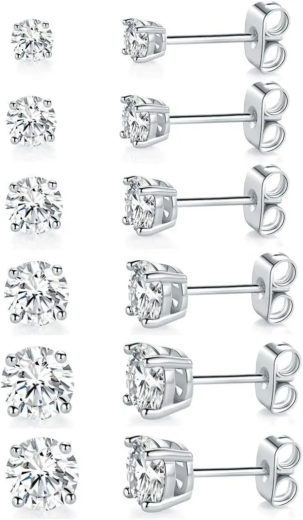 

6 Pairs 18K White Gold Plated Round Clear Cubic Zirconia Stud Earrings, Pack of 6