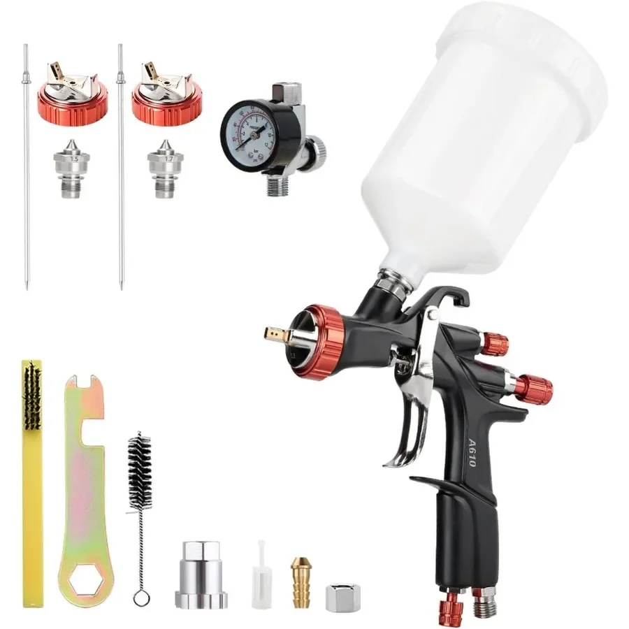 

TOOLS R500 LVLP Air Spray Gun with 1.3mm 1.5mm and 1.7mm Nozzles and Integrated Air Regulator A610 for Precision Painting Appli