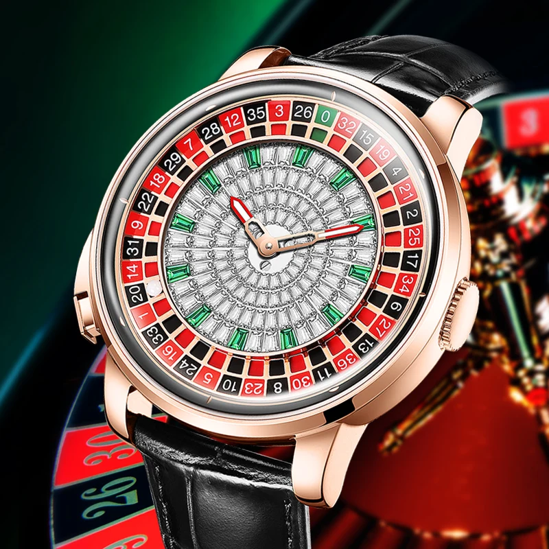 هانبورو ساعة أوتوماتيكية للرجال 46 مللي متر ساعة يد ميكانيكية فاخرة قابلة للتدوير لعبة الروليت الهاتفي الياقوت مضيئة 118 قطعة كريستال
