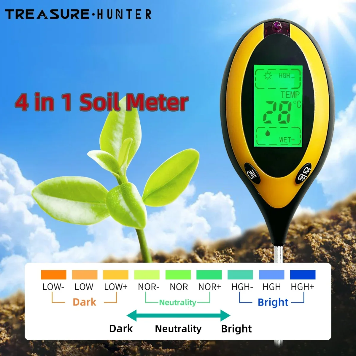 4 in 1 Soil PH Meter Tester Soil Tester PH Moisture meter Temperature Sunlight Intensity measurement Analysis Soil Acidity Test