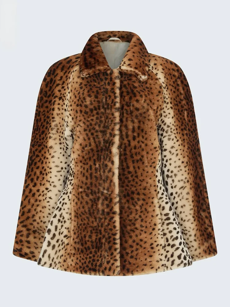 Gradient Leopard Print Faux Fur Coat Lapel Long Sleeve Loose Flare Hem Lady Warm Furry Jacket Fall Vintage Elegant New Outfits