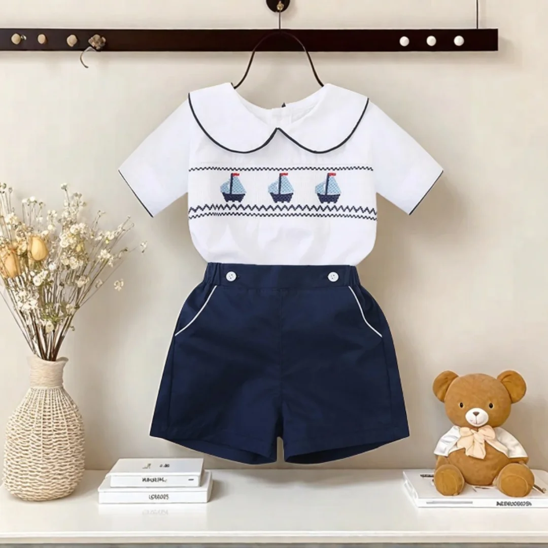 Boys Boat Smocked T-shirt with Peter Pan Collar 2PCS Sets Infant Summer Short Sleeve Toddler 1 2 3 Years Daily Fashion Clothes