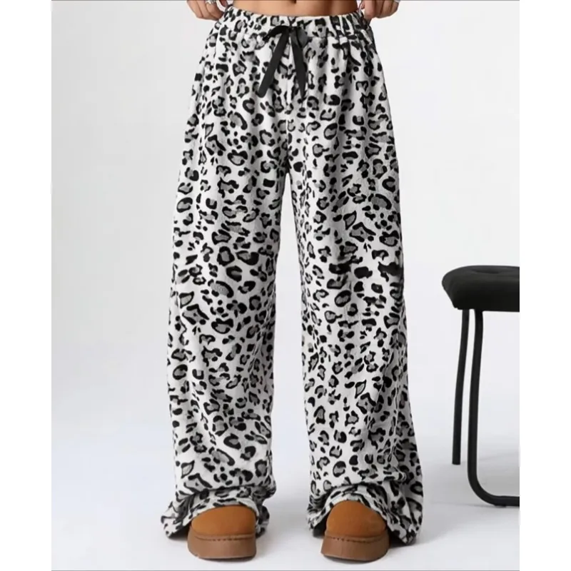 Women Leopard Print Wide Leg Pants Autumn  Soft Polar Fleece High Waist Loose Warm Casual Trousers  Wear