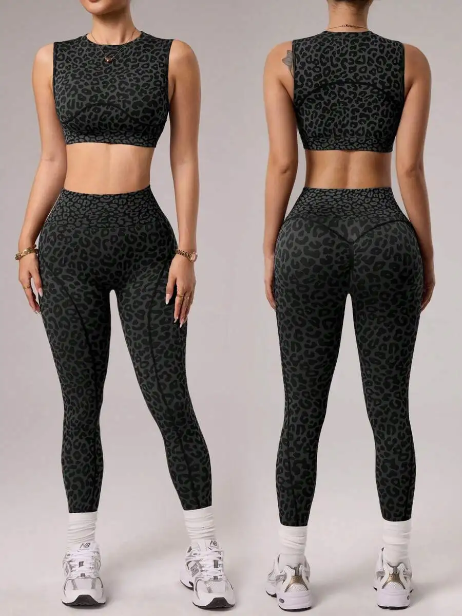 

Women Seamless Leopard Print Compression Slim Fit Sleeveless Top And Cropped Leggings Sports Set