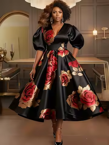 Plus Size Satin Midi Dress Women V Neck Puff Sleeve Rose Floral Print A-Line Flared Hem Elegant Evening Party Cocktail Dress