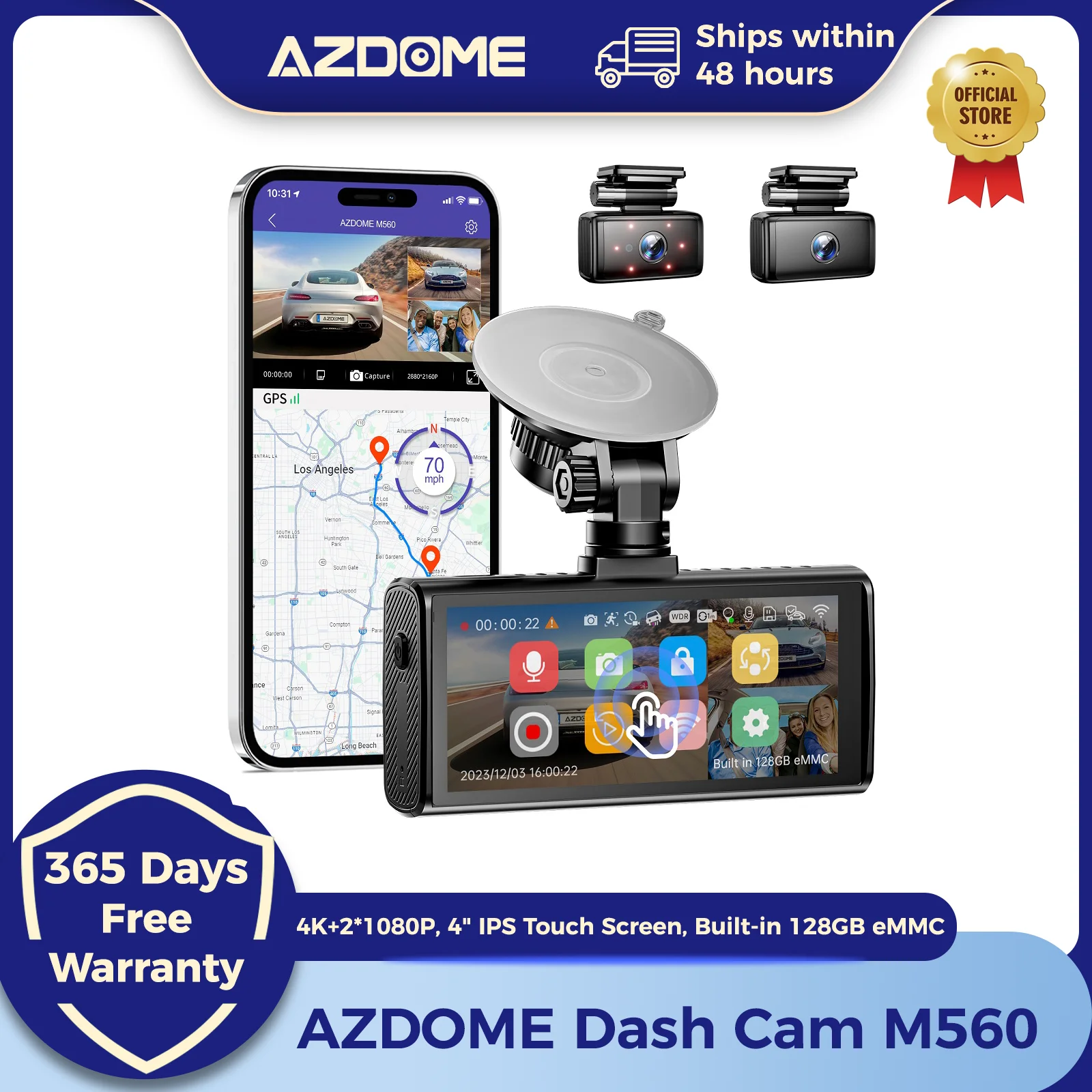 

AZDOME M560 3 Channel 4K+2*1080P Dash Cam 4" IPS Touch Screen Car DVR Built-in 128GB eMMC WiFi GPS G-Sensor IR Night Vision
