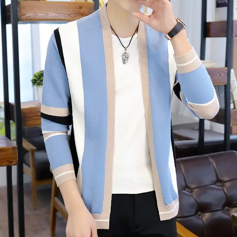 Cárdigan a rayas para hombre, abrigo de lana juvenil, cárdigan de invierno de talla grande, suéter de punto superior de moda coreana, primavera y