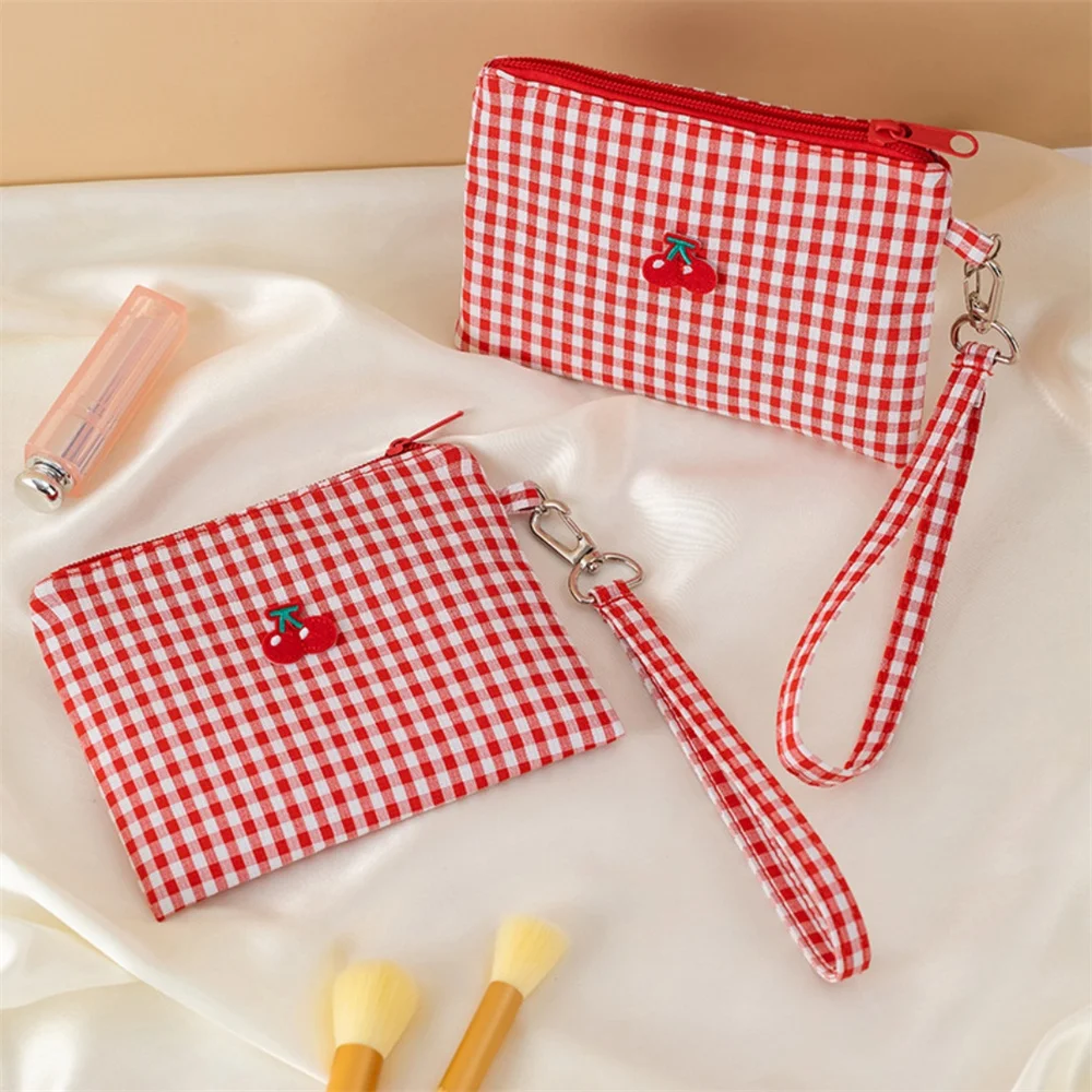 

Cosmetic Bag Women Red Blue Plaid Canvas Makeup Organizer Embroidery Cherry Small Handbag Cute Purse Travel Toiletry Bag Pouch