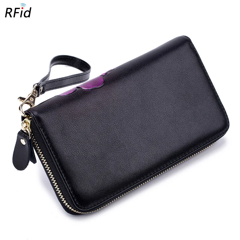 Western RDIF Protecting Handpainting Long Women Wallet Fashion Zipper Design Flower Embossed Leather Purse for Ladies