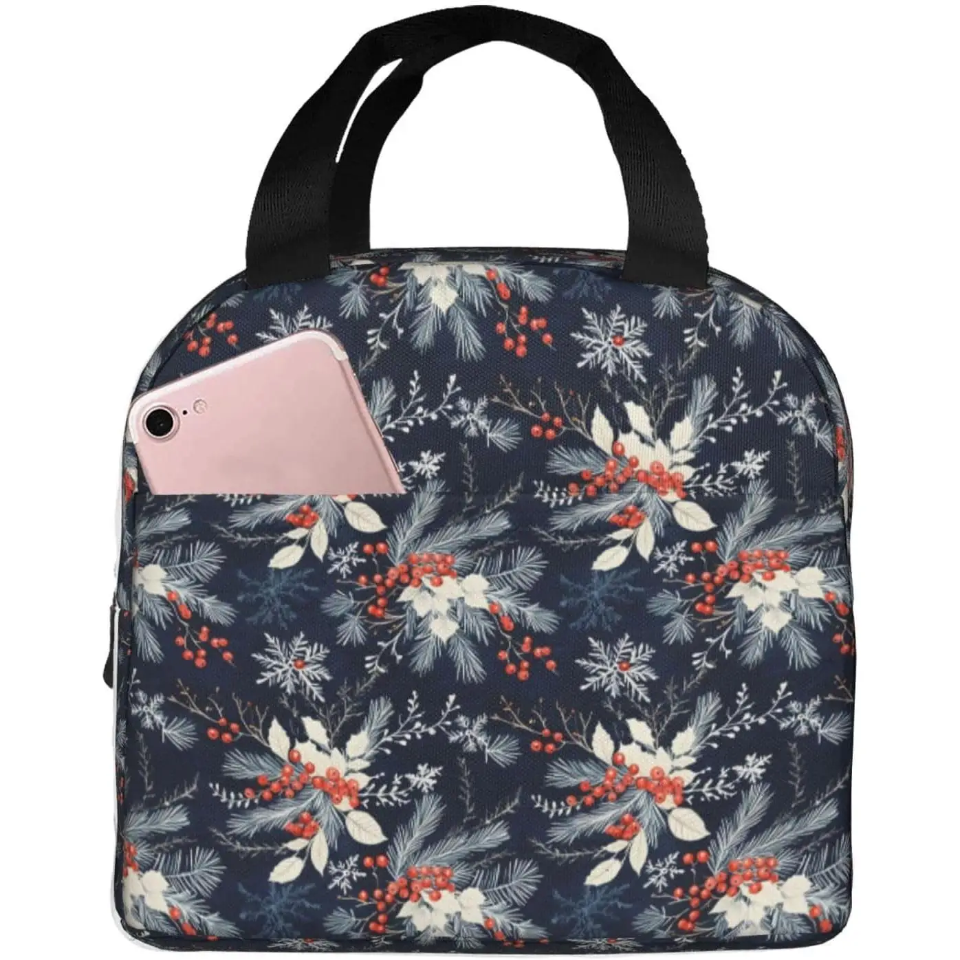 

Winter Snowflake Plant Print Small Lunch Bag Women Adult Cooler Tote Bag Box Insulated for Work Travel Gym with Front Pocket