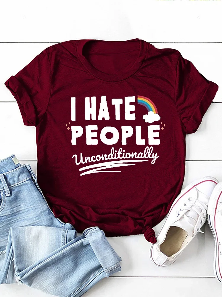 I Hate People Rainbow Print Women T Shirt Short Sleeve O Neck Loose Women Tshirt Ladies Tee Shirt Tops Camisetas Mujer