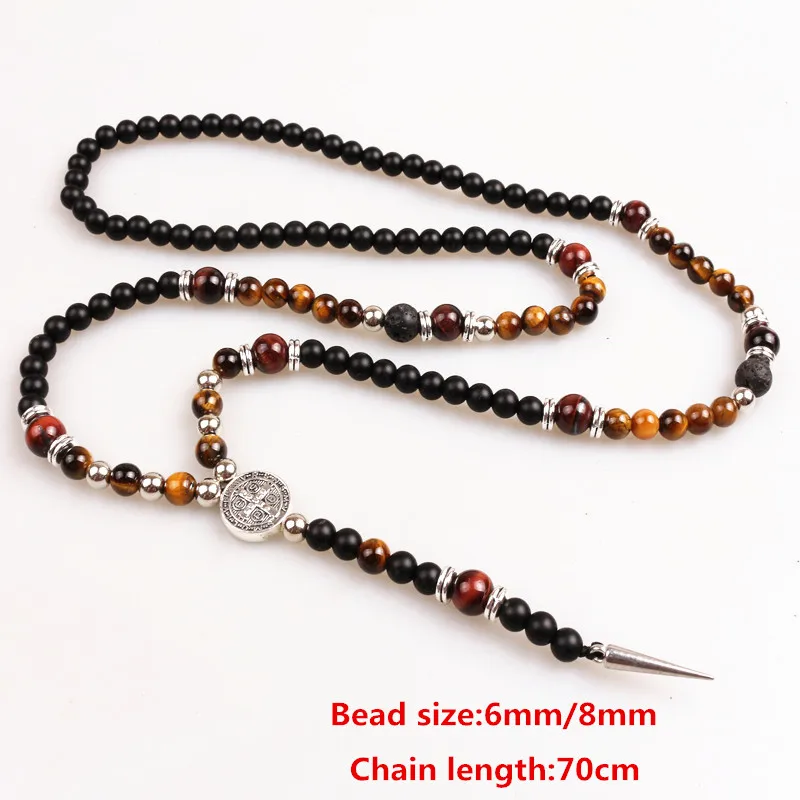 6mm Black Bead Tiger\'s eye Natural stone Long Necklace For Men