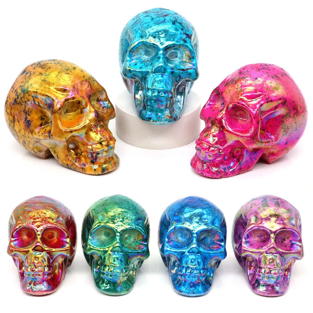 

Cool Skull Statue Natural Crystals Reiki Healing Stones Plating Gemstones Ghost Figurine Hand Carved Crafts Home Room Decoration