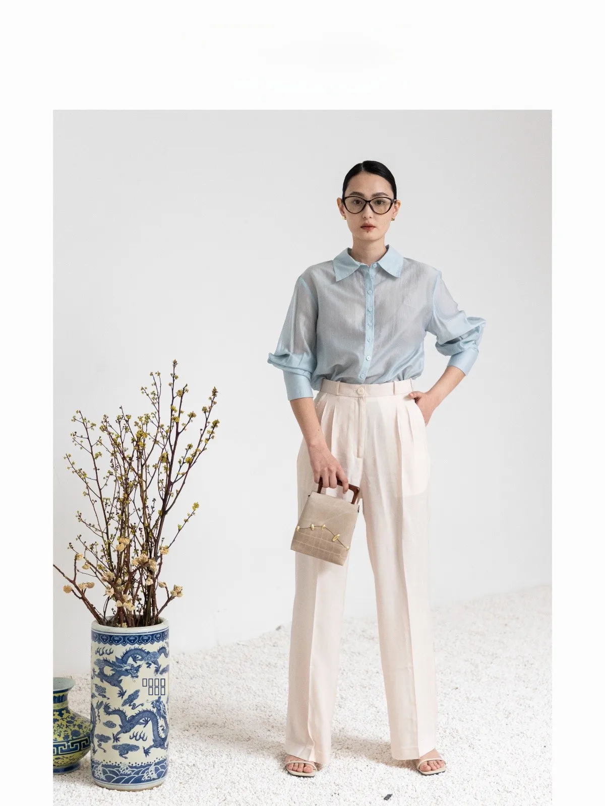 

DUIWEI Ele Pearl iny Blue Women's irt Semi-Transparent Summer Busin Commute High Quali Loose Fit Long Sve