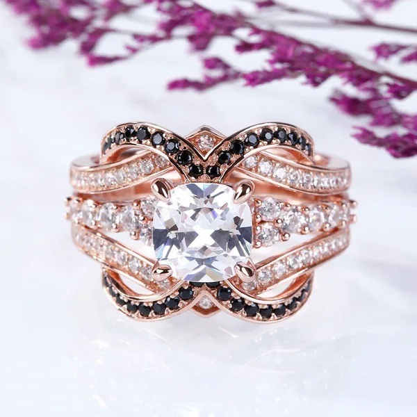 Hot Selling S925 Sterling Silver Ring Creative Womens Carat Ring With Rose Gold Plating And Full Black Zircon Diamond Accents