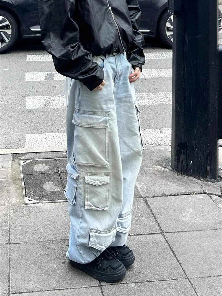 Women Light Wash Blue Low Waist Casual Cargo Wide Leg Cargo Denim Pants Autumn Skater Hiphop Multi-pocket Baggy Jeans