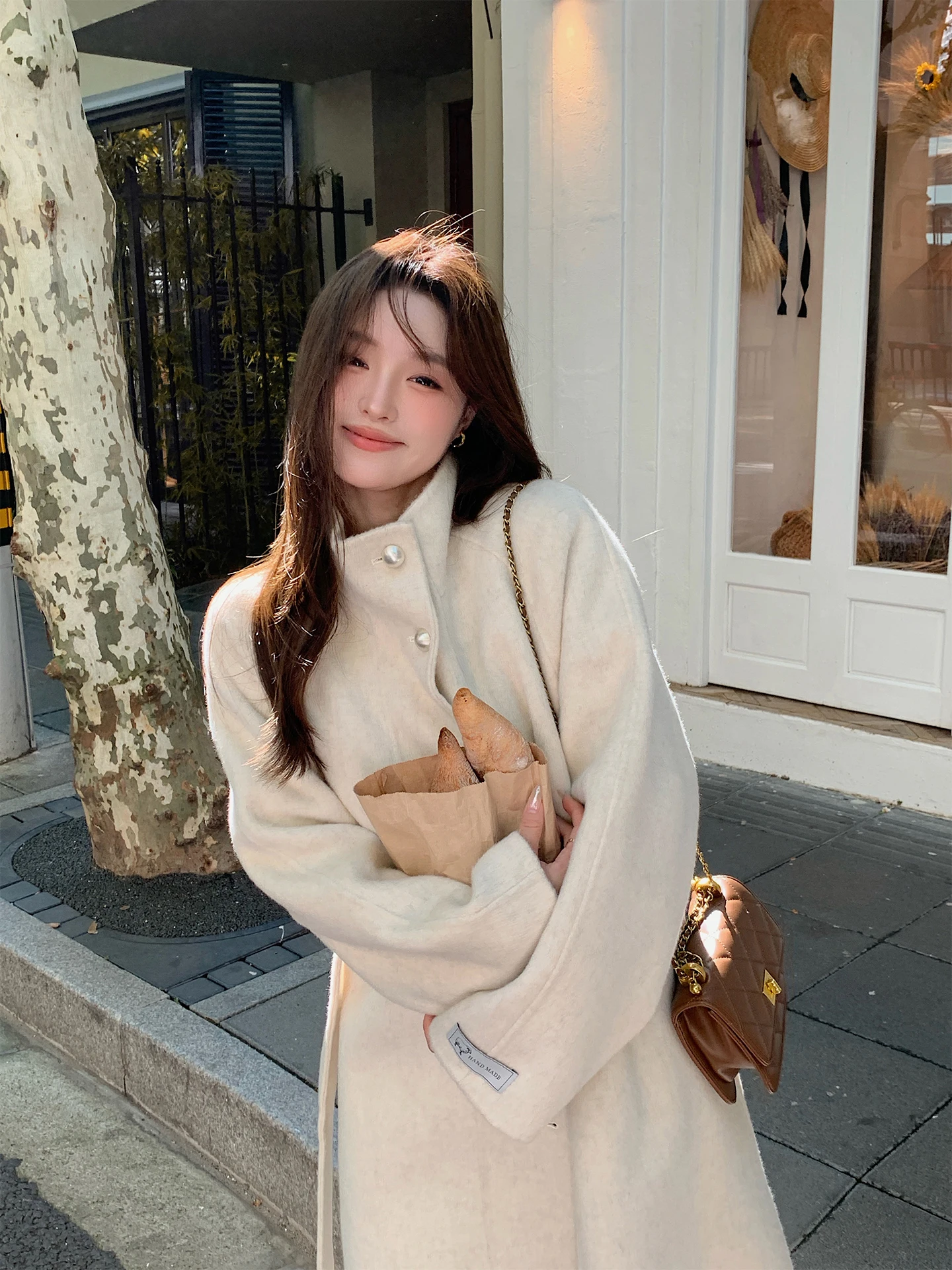 

Женское двустороннее шерстяное пальто бежевого цвета в Корейском стиле, облегающее длинное свечо с пуговицами, чистый цвет на осень и зиму