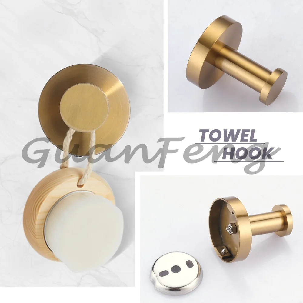 Brushed Gold 3-in-1 Bathroom Hardware Kit Hand Towel Ring and Two Towel Hooks Wall Mount Bathroom Accessories Set
