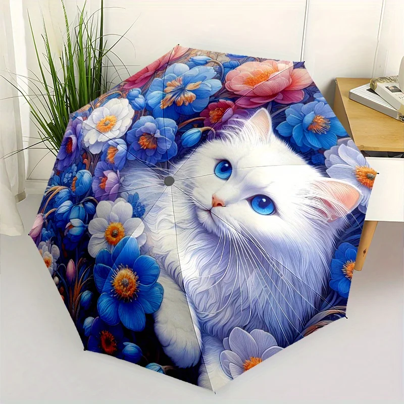 

Зонт с автоматическим открыванием и закрыванием (2 шт.) с дизайном «Белый кот и синие цветы» - компактный складной портативный зонт с 8 спицами, универсальный