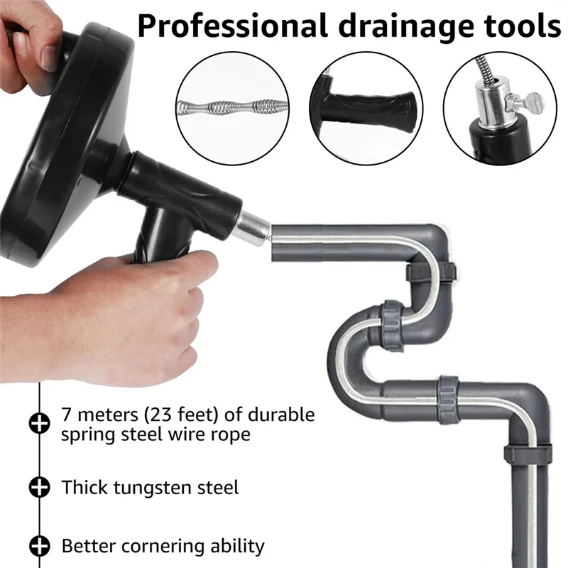 

Hand Manual Drain Clog Remover With Flexible Wire Rope Reusable Drain Cleaner With Non-Slip Handle Easy Install ,7Meter