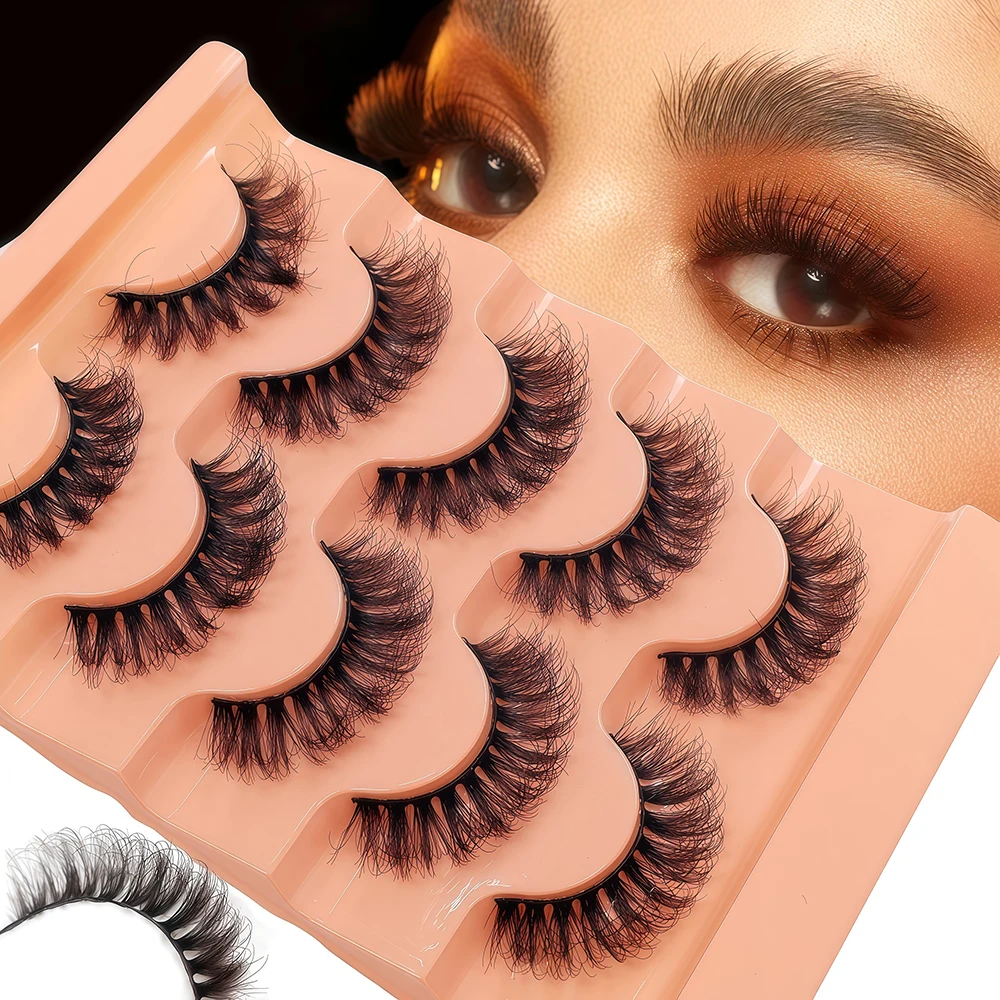 5 par sztucznych rzęs w stylu europejskim i amerykańskim z efektem kreskówkowym w kształcie litery C, zapewniających gęstotę i objętość rzęs w stylu amerykańskim.