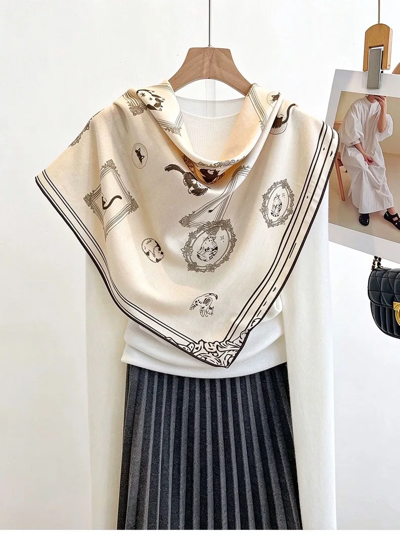 2027 Womens 70% Wool 30% Silk Neckerchief Retro Kitten Print Square Scarf Double Sided Bandana Winter Accessories