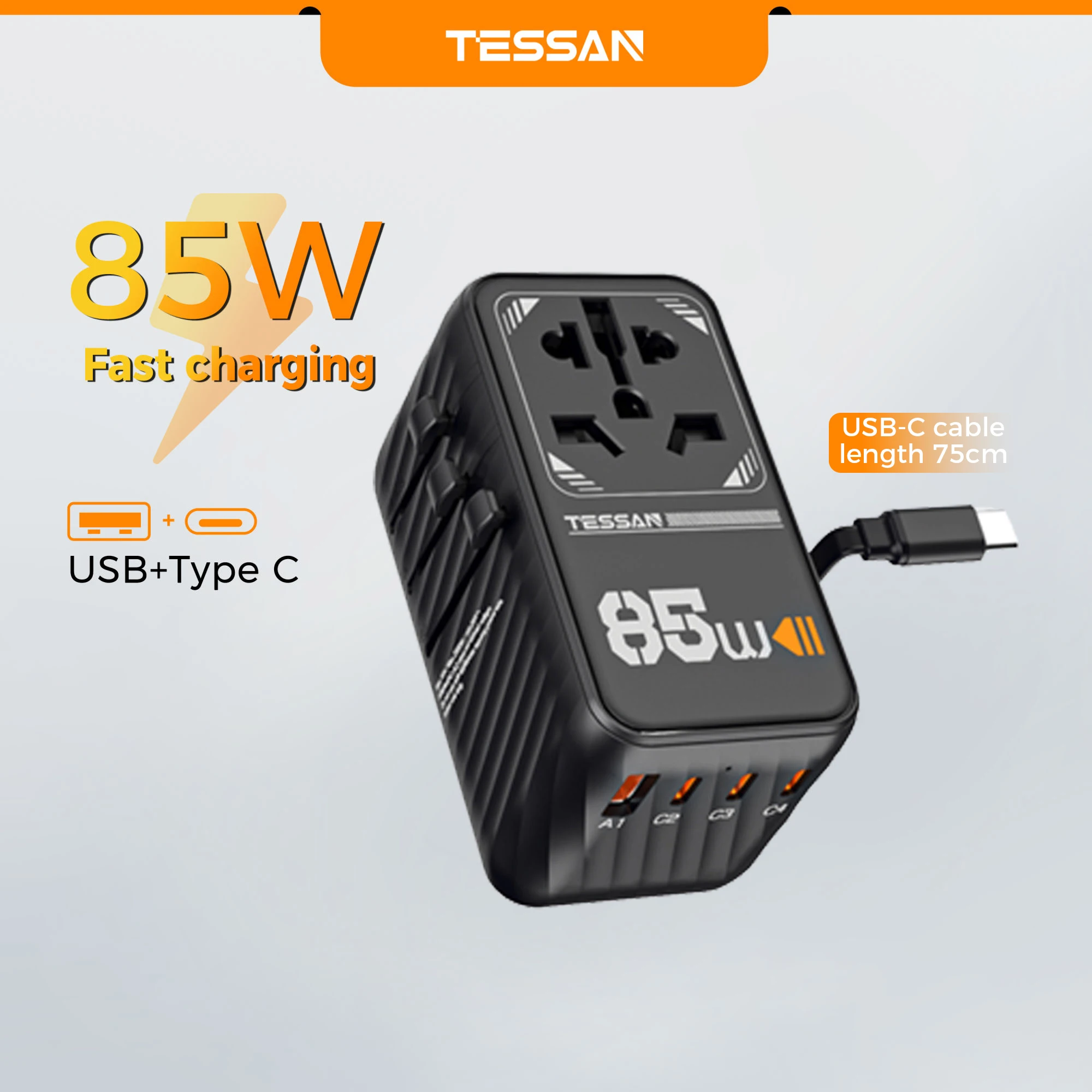 

TESSAN 85W Fast Charging International Travel Adapter with 1 USB A 3 Type C 1 USB C Cable GaN Universal Adapter for UK EU US AUS