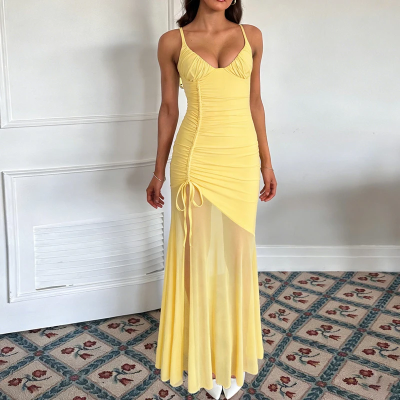 

Летнее платье-комбинация с V-образным вырезом, однотонное, с асимметричным подолом, на завязках, облегающее, женское, длинное, с открытой спиной, с вырезами, плиссированное, пляжное