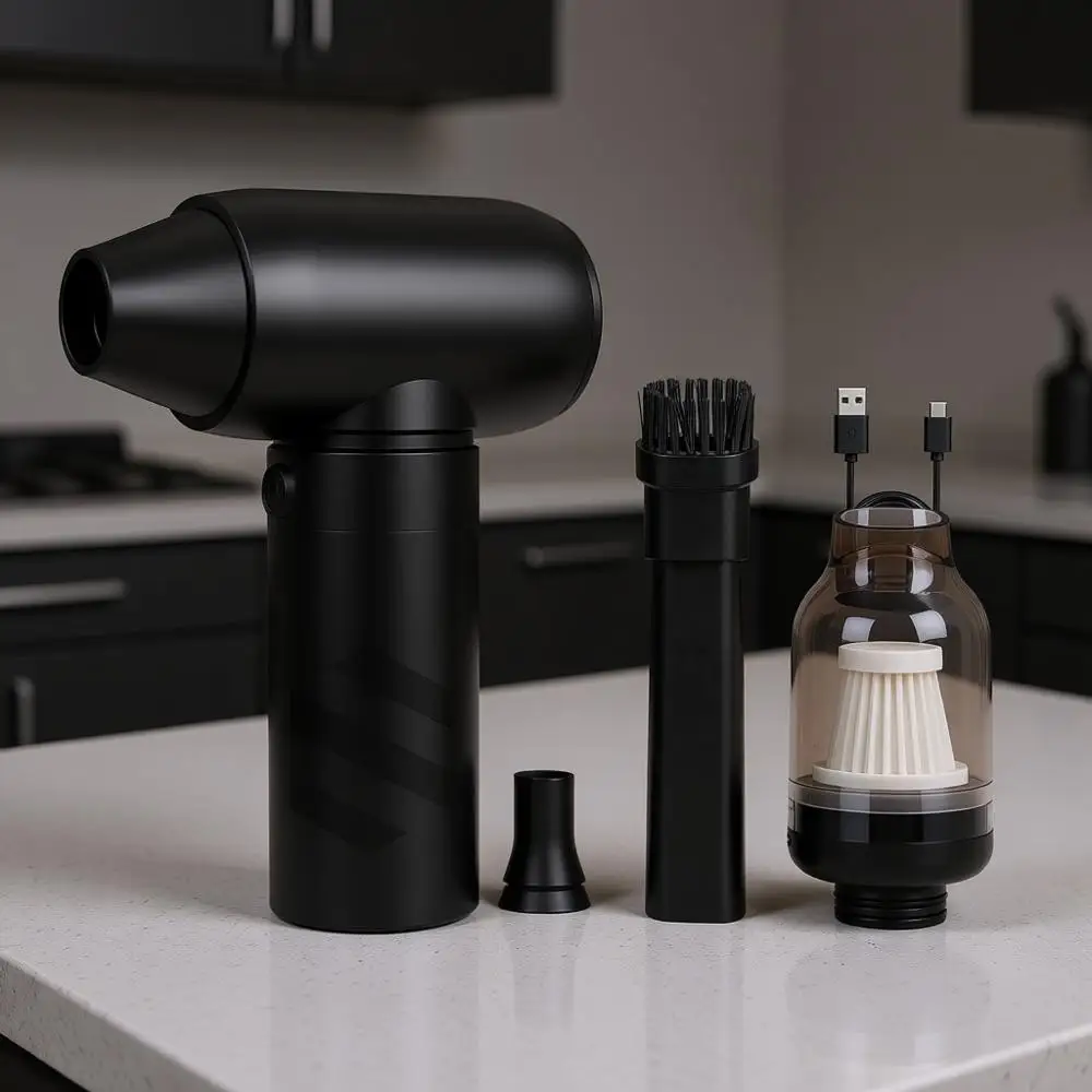 

Многофункциональный воздушный очиститель 2-в-1, 110000 об/мин, перезаряжаемый турбовоздуходувка с пылевым фильтром, 2 насадки для волос, клавиатуры, ПК