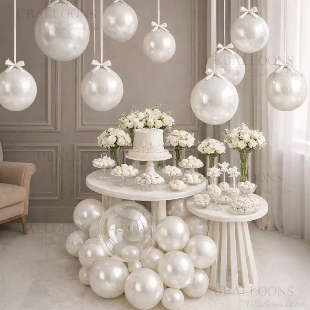 Perlweiße Ballons Bogen 5/12/18 Zoll Glänzende Weiße Ballons mit Band für Geburtstag Hochzeit Babyparty Hängedekoration