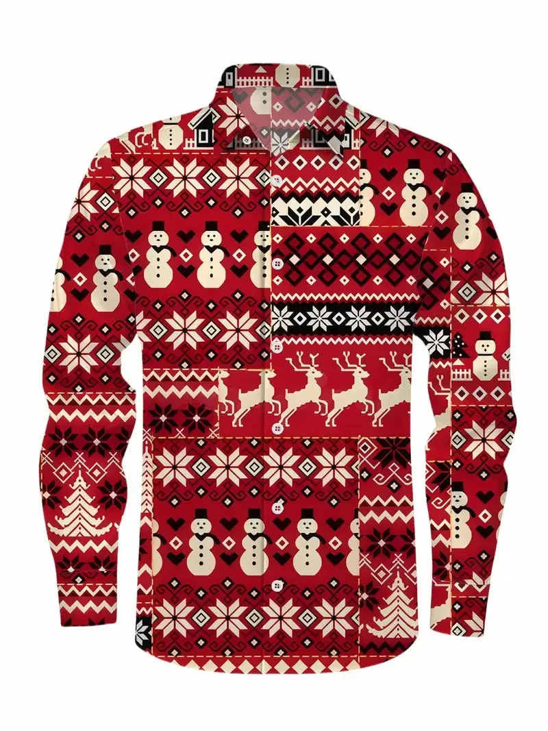 2026 Christmas Men's White Red Gold Christmas Tree 3D Printed Shirt Holiday Party Festive Pattern Long Sleeve Outdoor Shirt Gift