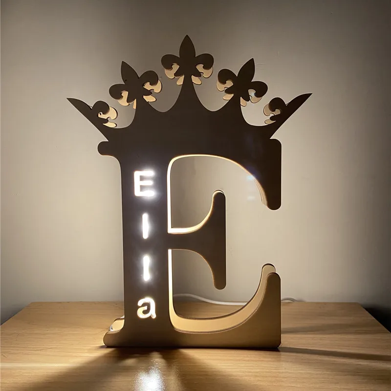 Wooden Crown Letter Lamp, Personalized, Engraved Name, LED Night Light, Home Ornaments, Decorative Warm Lights, 19cm High